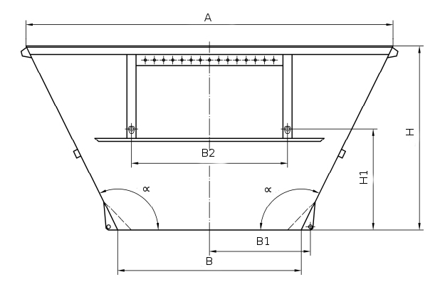 Podstawowe wymiary muldy symetrycznej otwartej o pojemności 10 metrów sześciennych